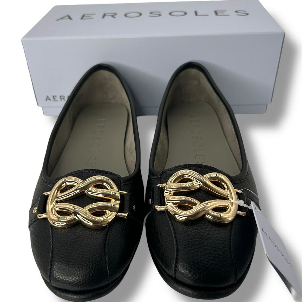 NEW Aerosoles Black Flats Size 9 Gold Toe Embellished Ballet Comfort Work Office